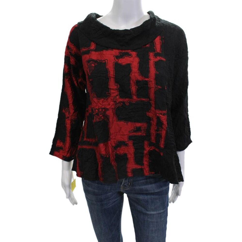 Sydney Womens Tunic Blouse Black Mock Neck Graphic Print 3/4 Sleeve Size S